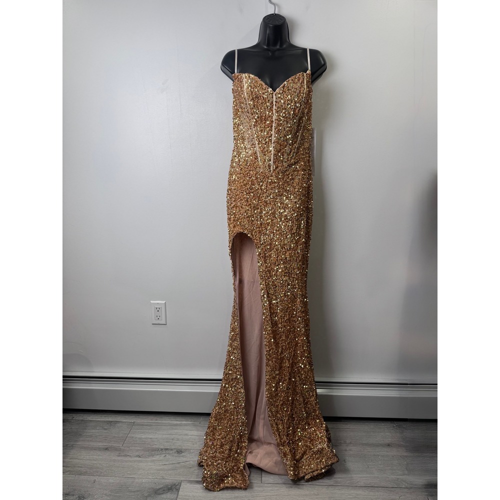NWT Portia & Scarlett Women Gold Gown PS23407 Sequin Maxi Dress Corset Size 6